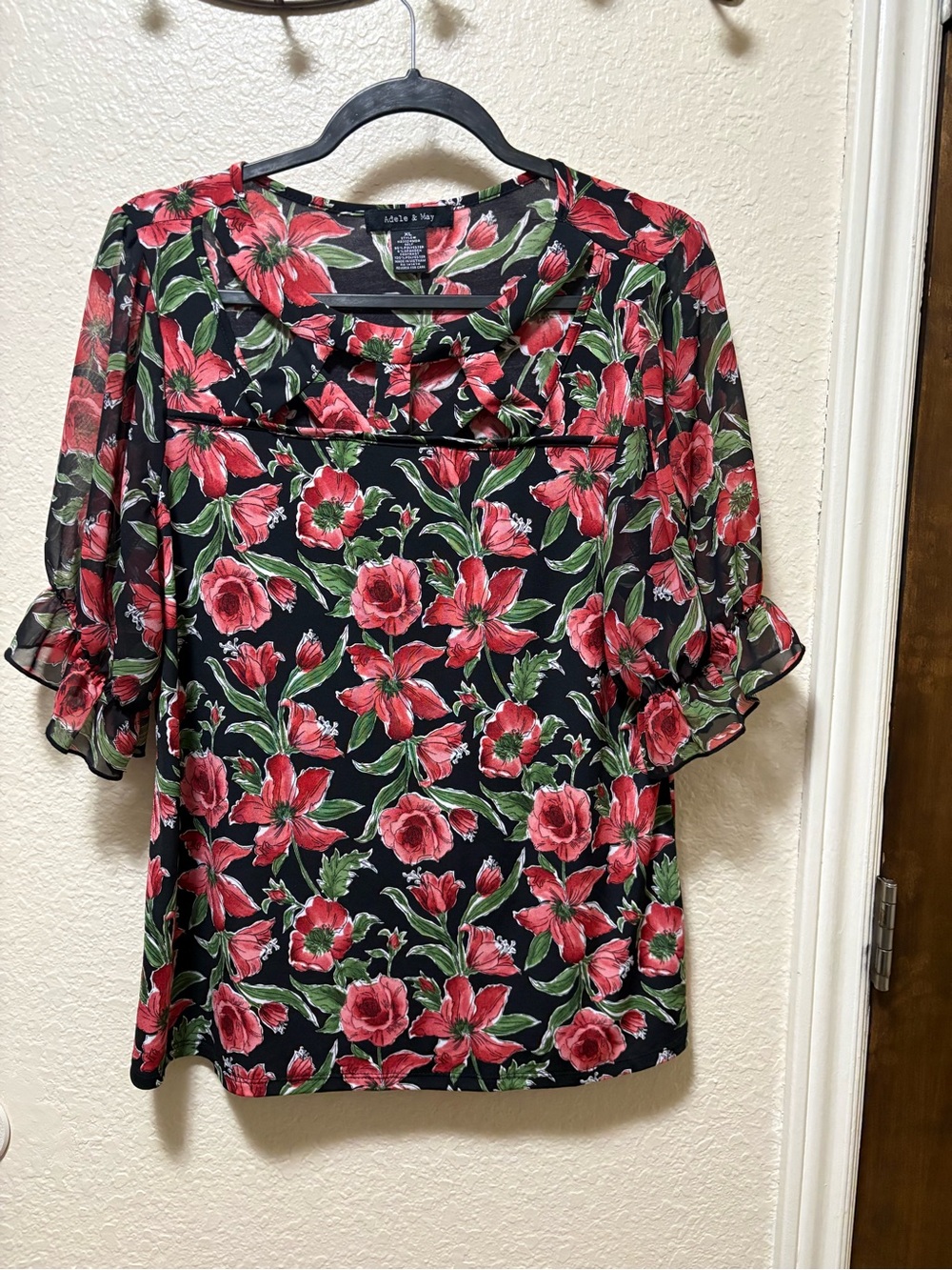 Apt. 9 Black Blouse with Red Floral Print